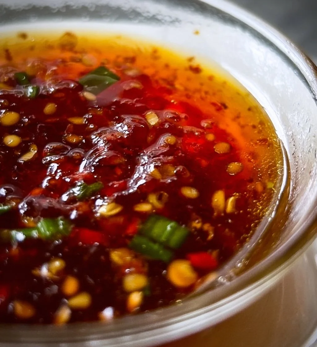 Plate of homemade spring roll sauce with fresh ingredients for dipping.