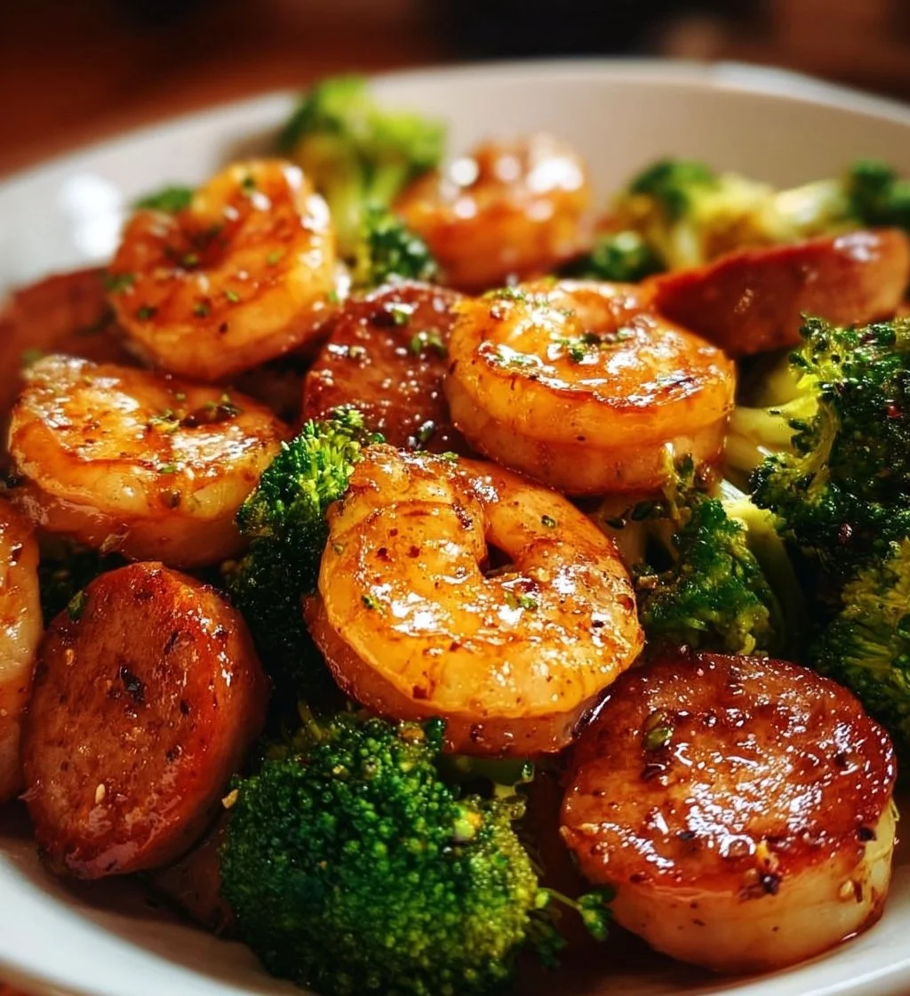 Delicious Honey Garlic Shrimp and Sausage with Broccoli served on a plate
