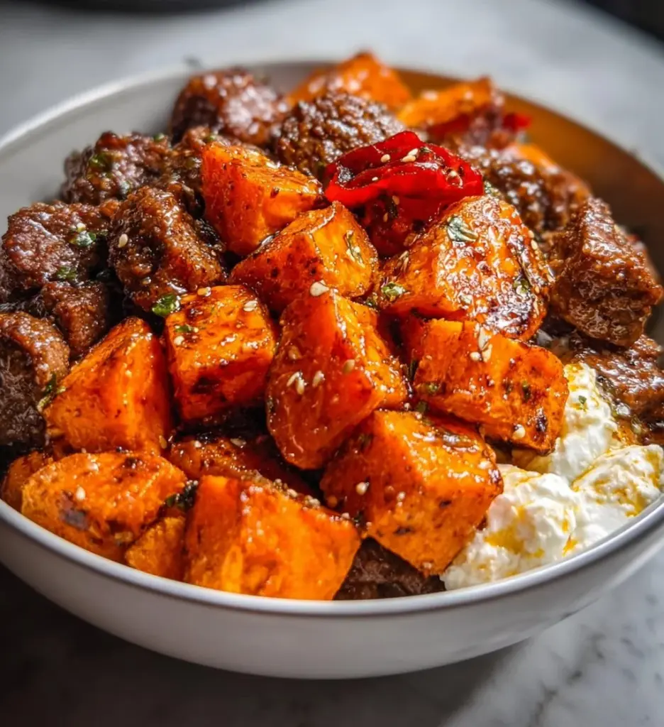 Hot Honey Cottage Cheese Sweet Potato Beef Bowl with vibrant ingredients
