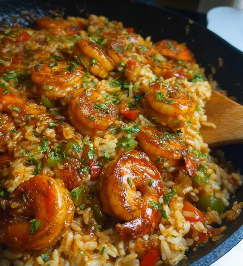 Cajun shrimp and rice skillet served in a colorful, vibrant dish
