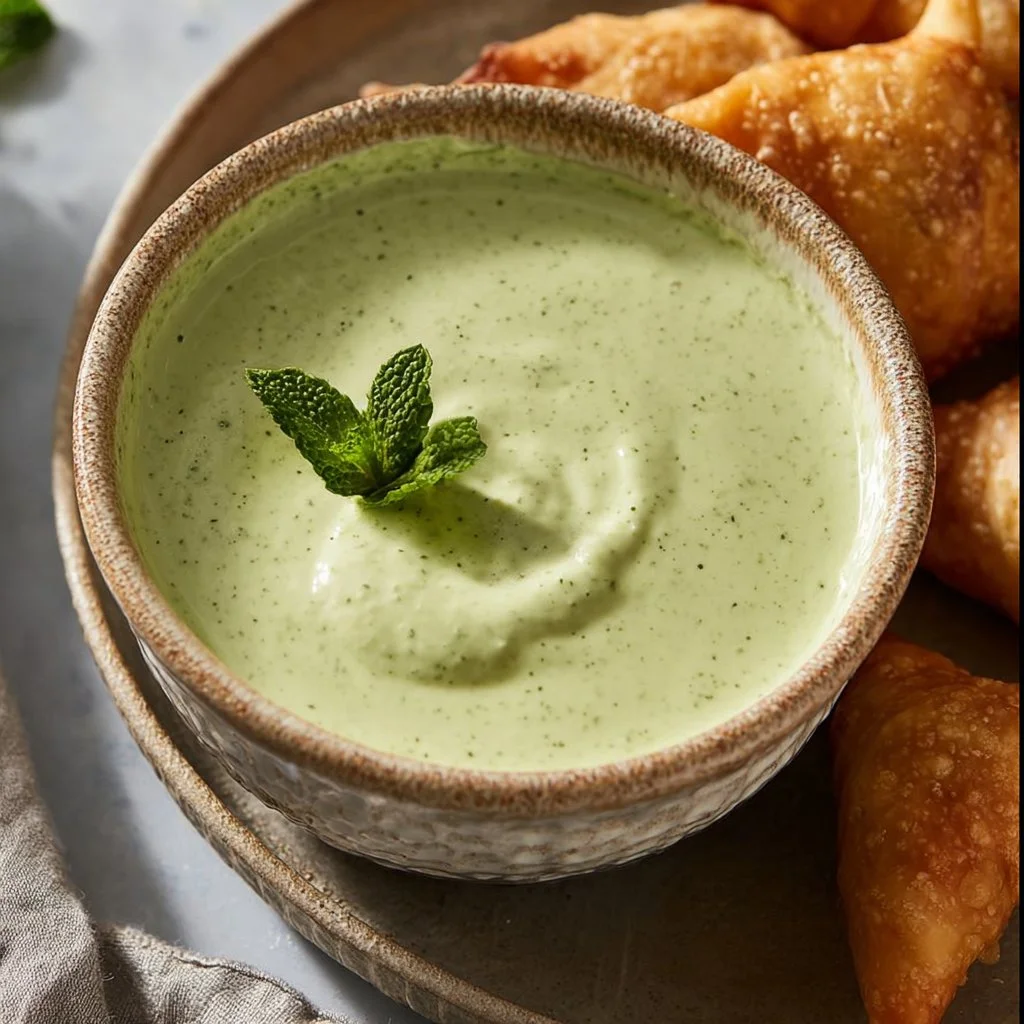Bowl of Indian mint sauce garnished with fresh mint leaves.