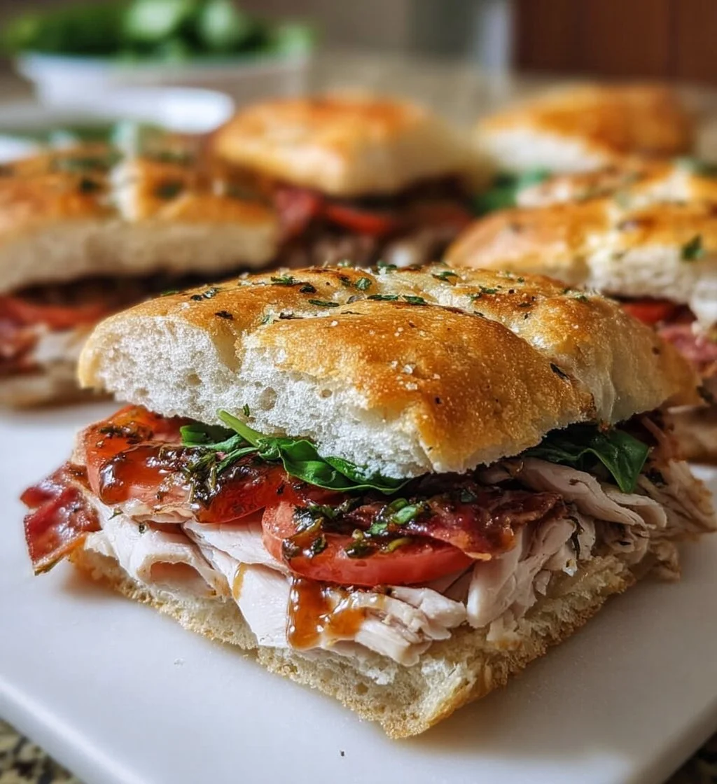 Italian Turkey Focaccia sandwich with fresh ingredients and herbs