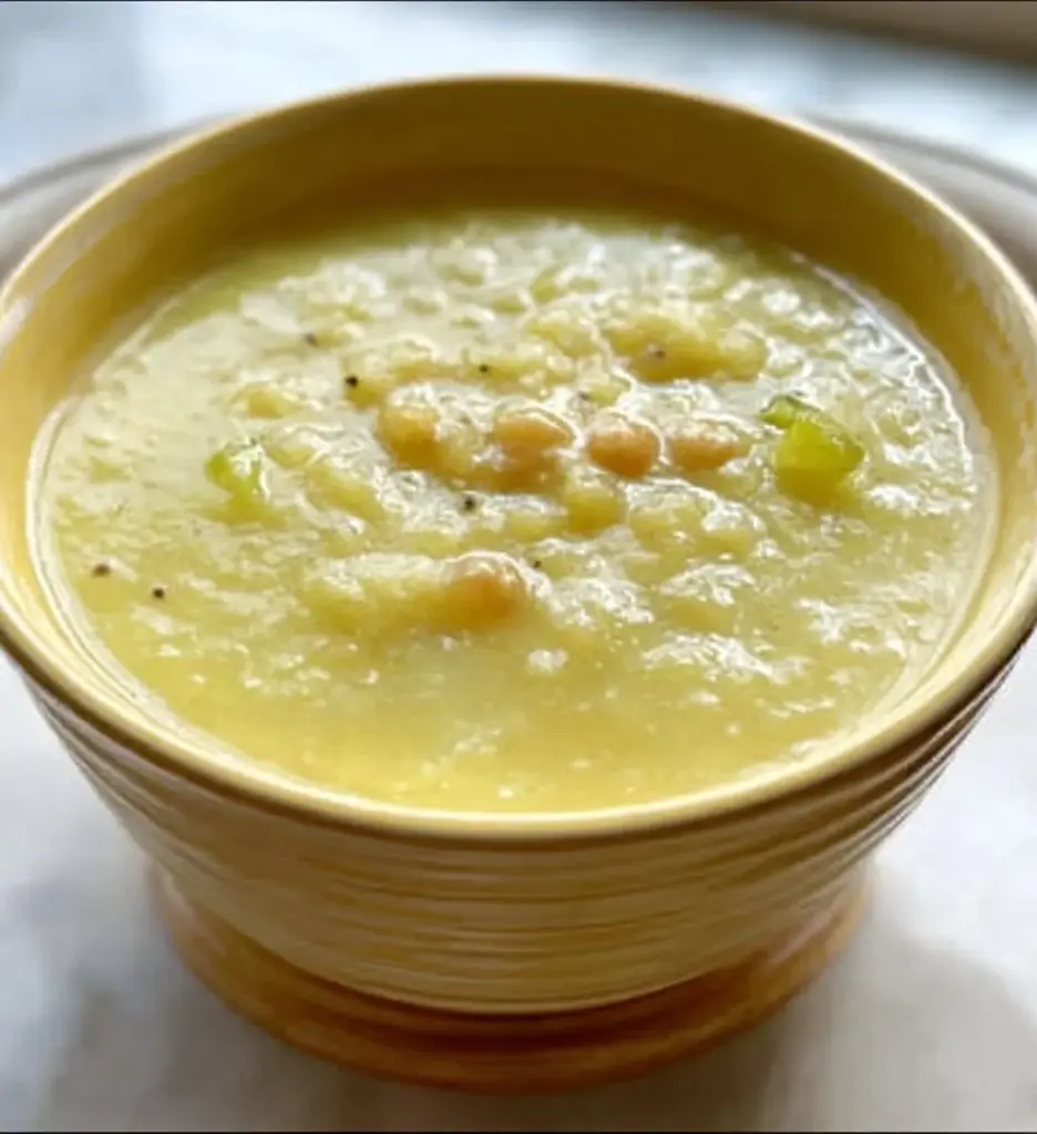Bowl of Jamie Oliver's creamy cauliflower leek soup garnished with herbs