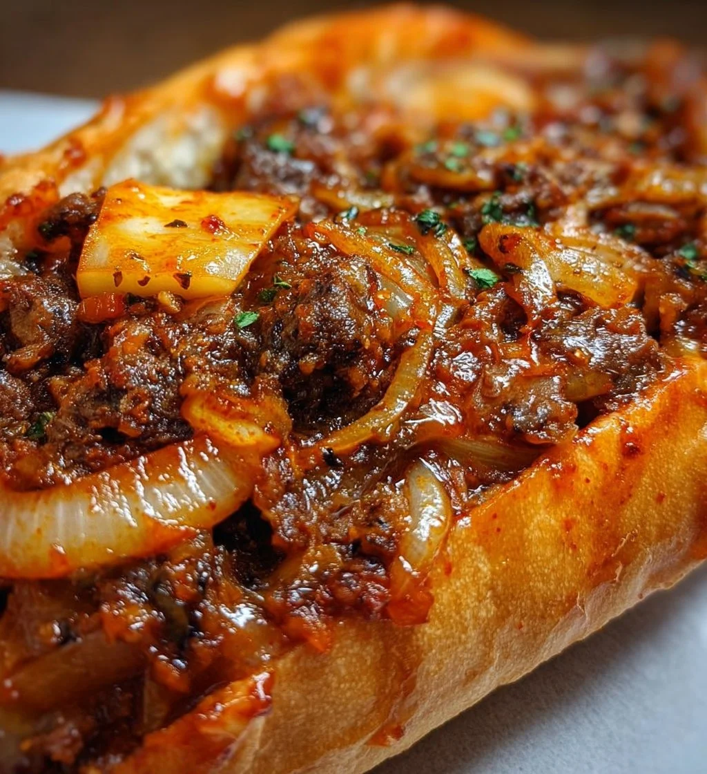 Delicious kimchi bulgogi cheesesteak with fresh ingredients and vibrant colors.