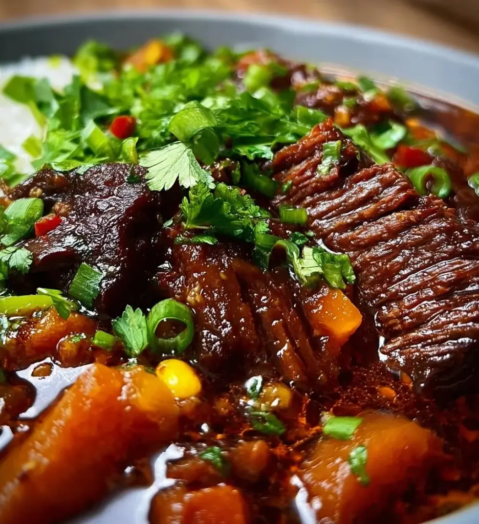 Korean Style Pot Roast with tender beef and flavorful sauce on a plate