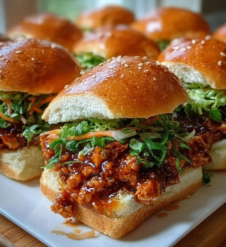 Korean Turkey Sloppy Joe Sliders served on a platter with garnish.
