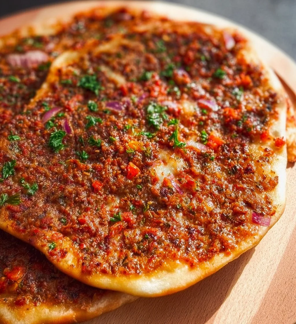Delicious homemade Lahmacun topped with spiced meat and vegetables