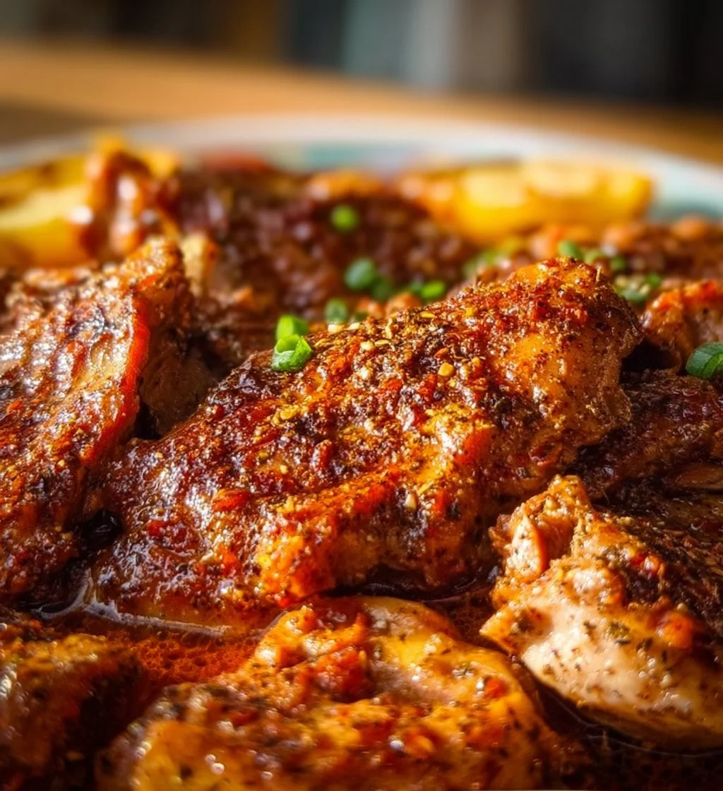 Plate of flavorful Lebanese Lemon Zaatar Chicken garnished with herbs