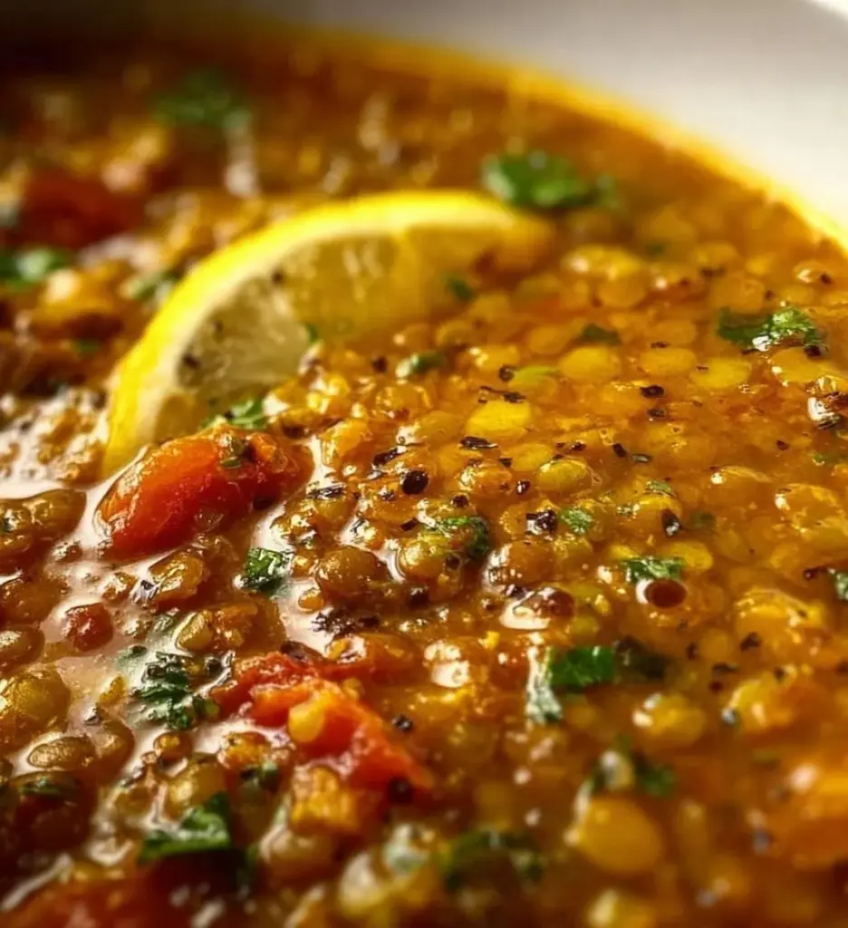 Bowl of Lebanese Lentil Soup garnished with parsley and lemon wedges