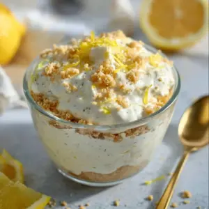 Lemon cheesecake overnight oats topped with fresh fruit and zest