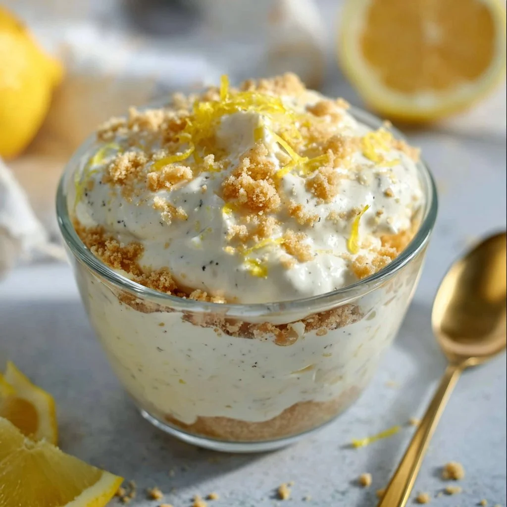 Lemon cheesecake overnight oats topped with fresh fruit and zest