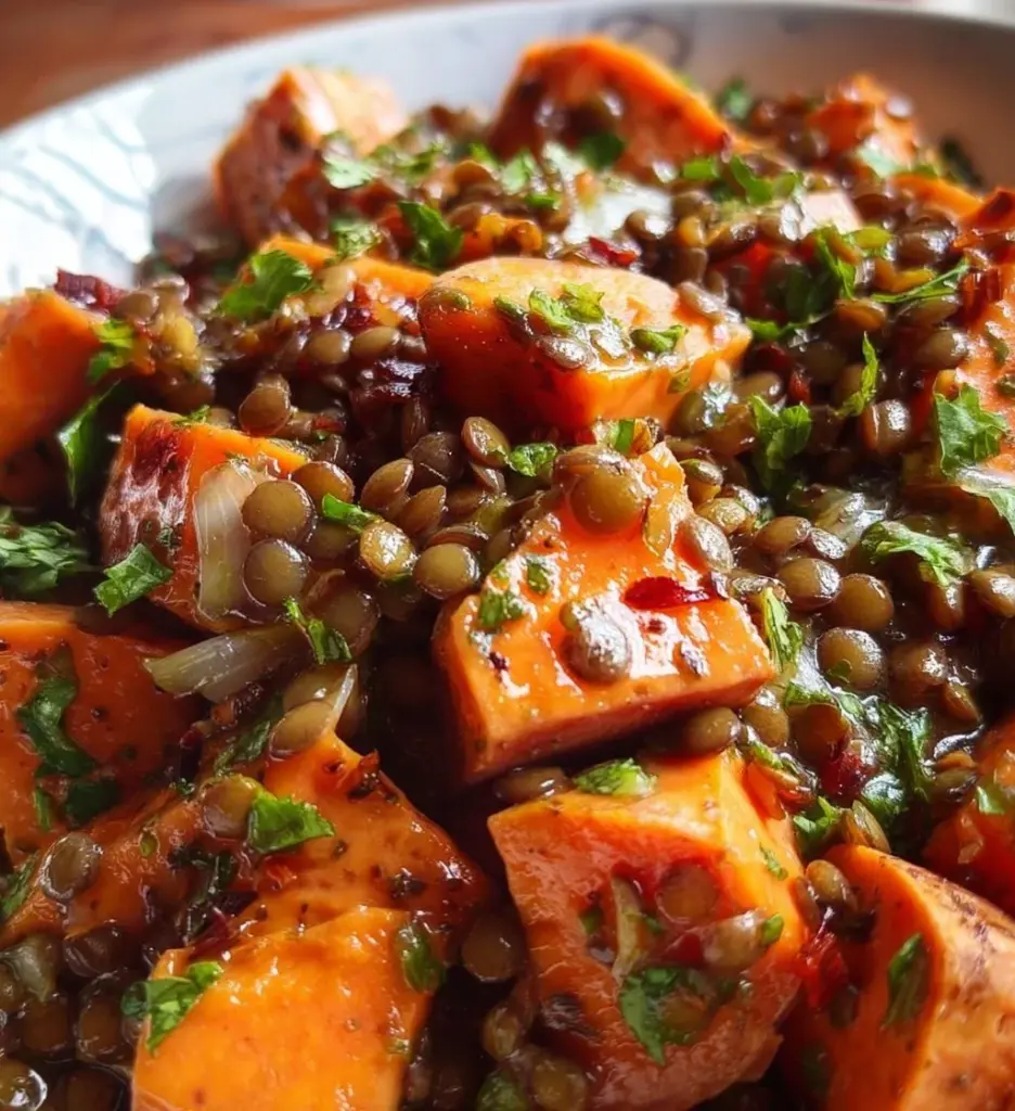 Lentil Sweet Potato Salad with fresh vegetables and dressing