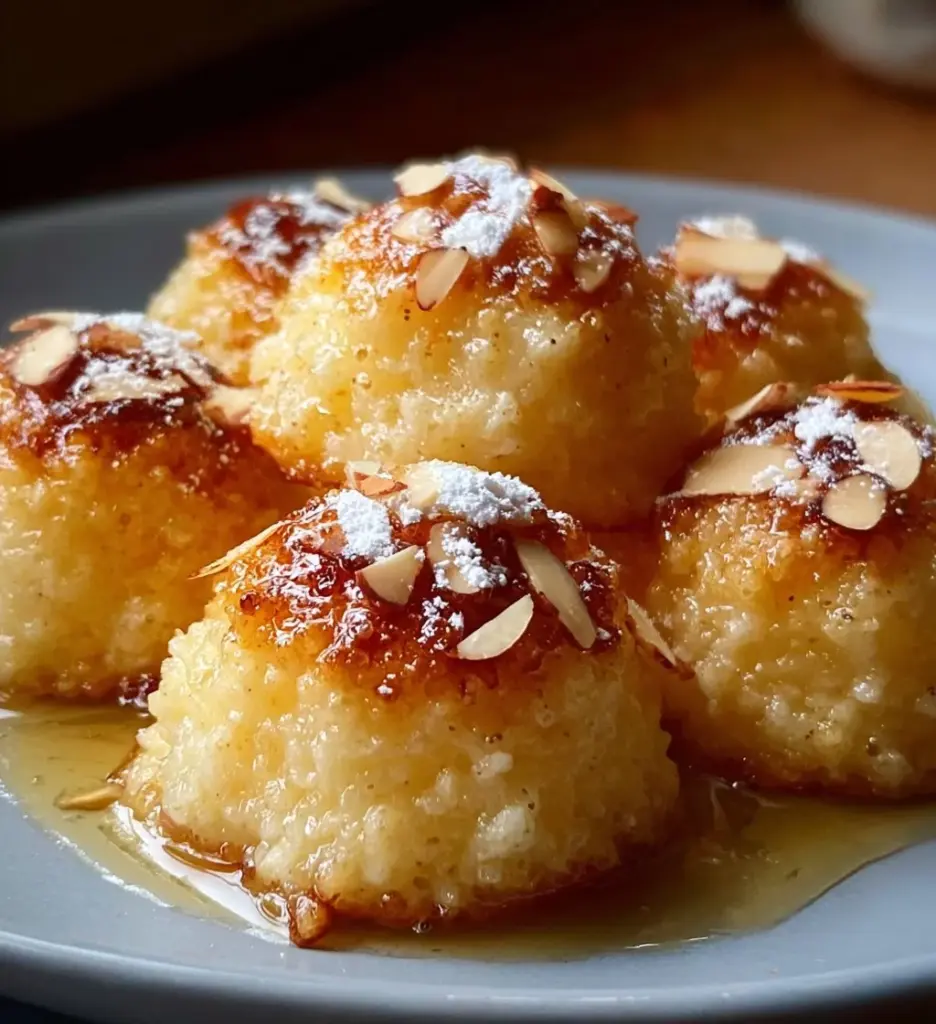 Light and fluffy ricotta almond pillows served on a plate