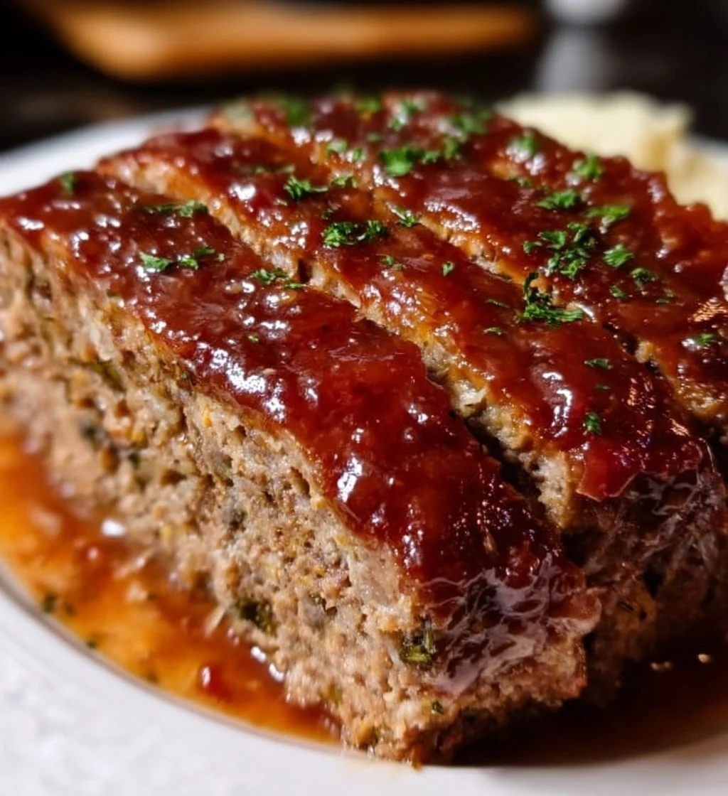 Lipton onion soup meatloaf served on a plate with garnish.
