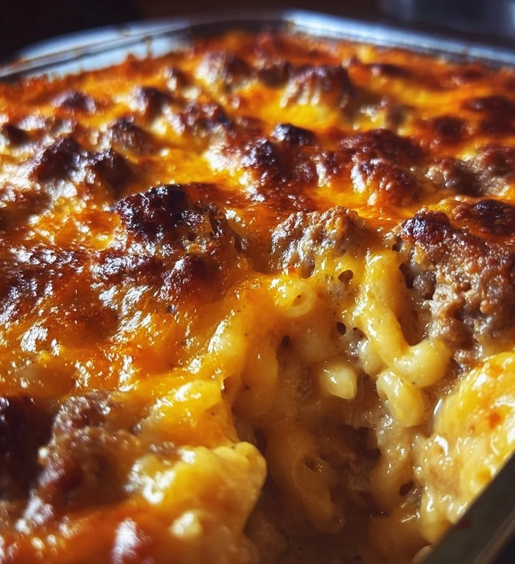 Delicious Mac and Cheese Meatloaf Casserole baked to perfection.