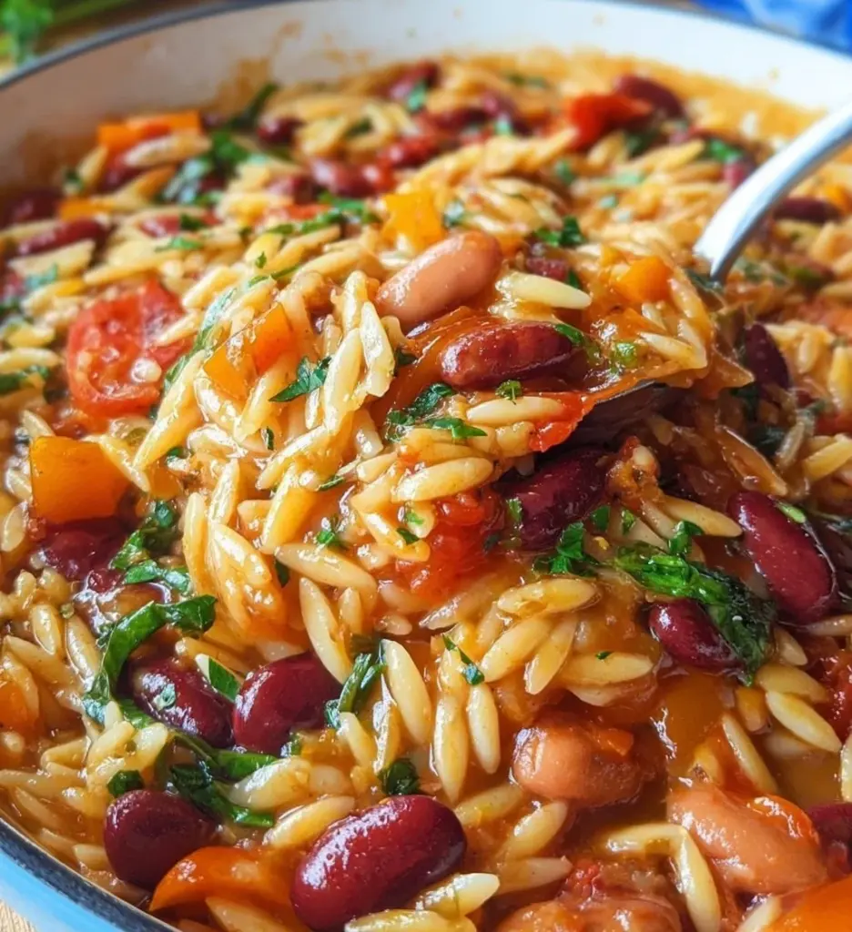 Bowl of Mediterranean Orzo and Beans topped with fresh herbs