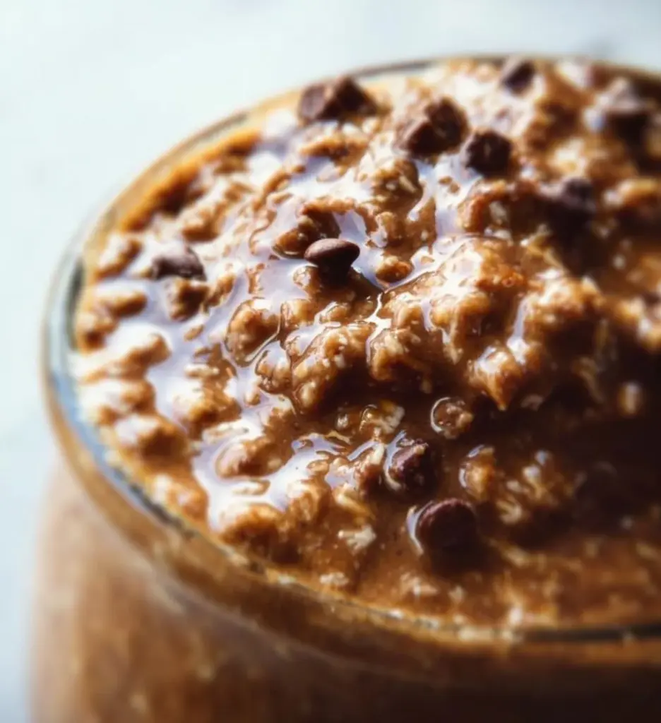 Delicious bowl of mocha overnight oats topped with chocolate and coffee.