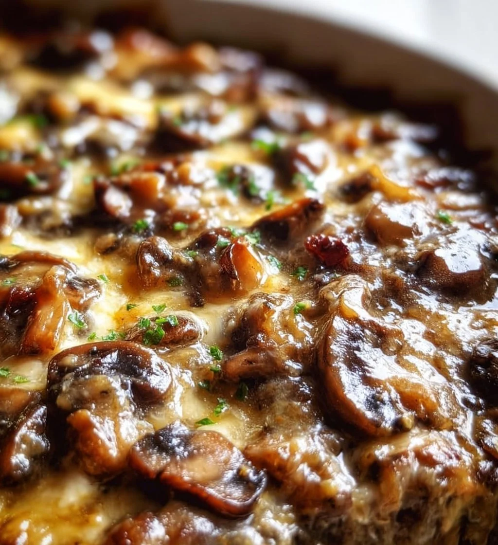 Delicious Mushroom Casserole topped with herbs and golden cheese