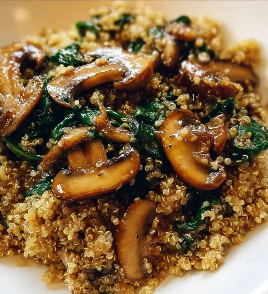 Delicious Mushroom Spinach Quinoa dish garnished and ready to serve.