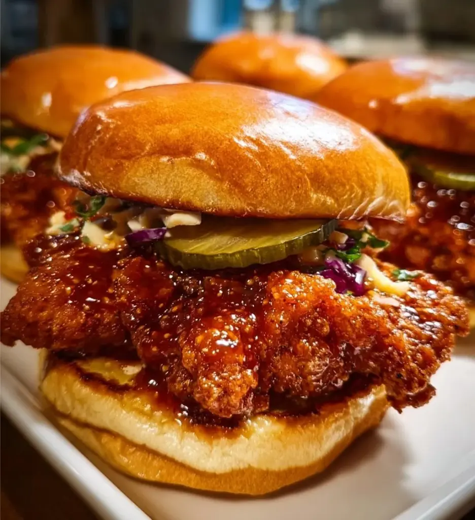 Nashville hot chicken sandwich with spicy sauce and pickles on a bun