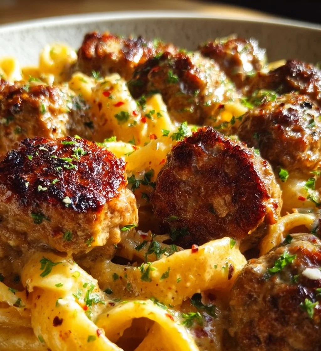 Creamy Cajun beef meatball pasta served in a bowl with fresh parsley on top