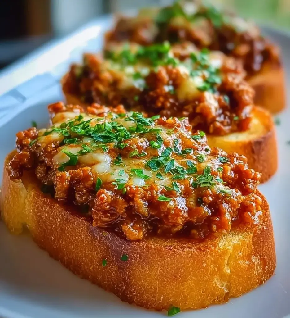 Open face garlic toast sloppy joes served on a plate with fresh ingredients.