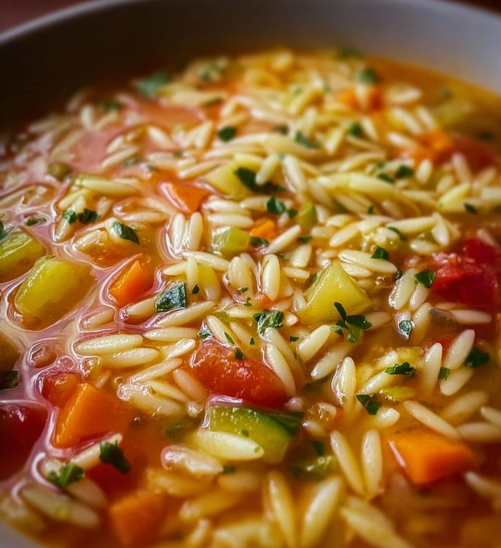 Bowl of hearty orzo vegetable soup with fresh vegetables and herbs