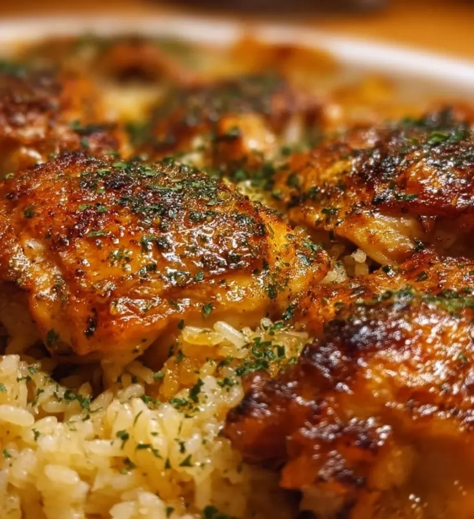 Oven-Baked Chicken served with rice, perfect for a family meal.