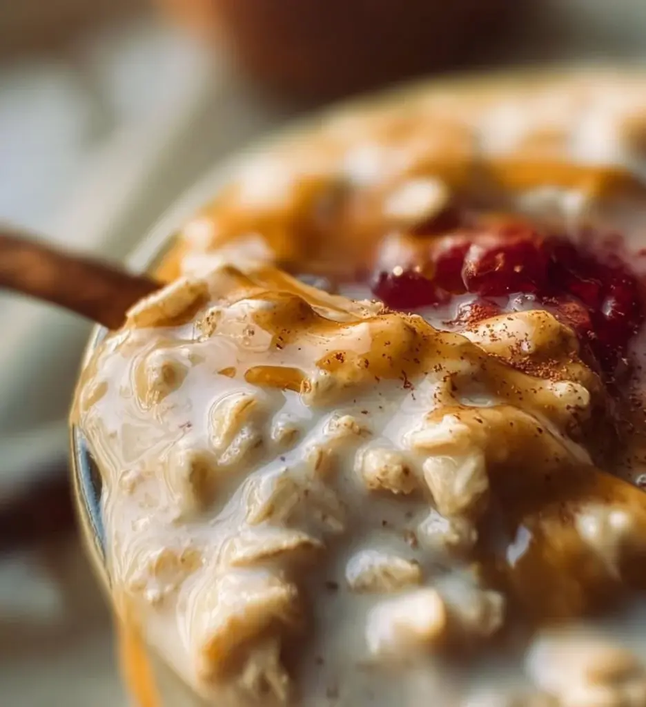 A bowl of overnight oats topped with fruits and nuts made with almond milk