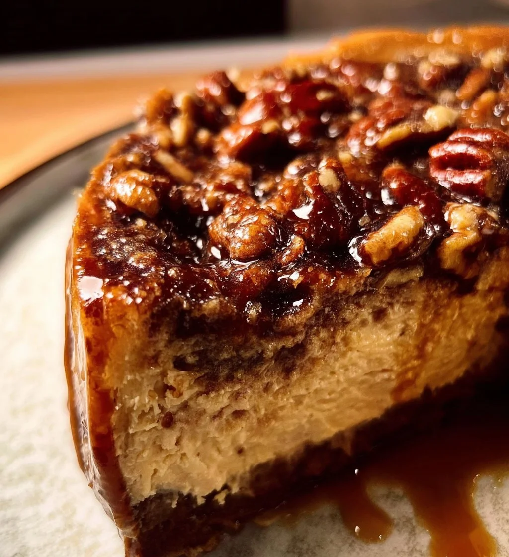 Deliciously layered Pecan Pie Cheesecake topped with toasted pecans and caramel