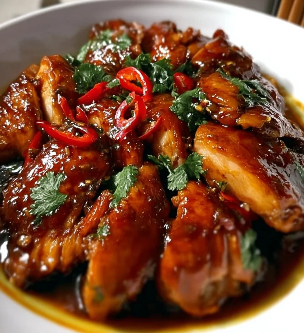 Delicious Peking Style Chicken served with colorful vegetables and sauce