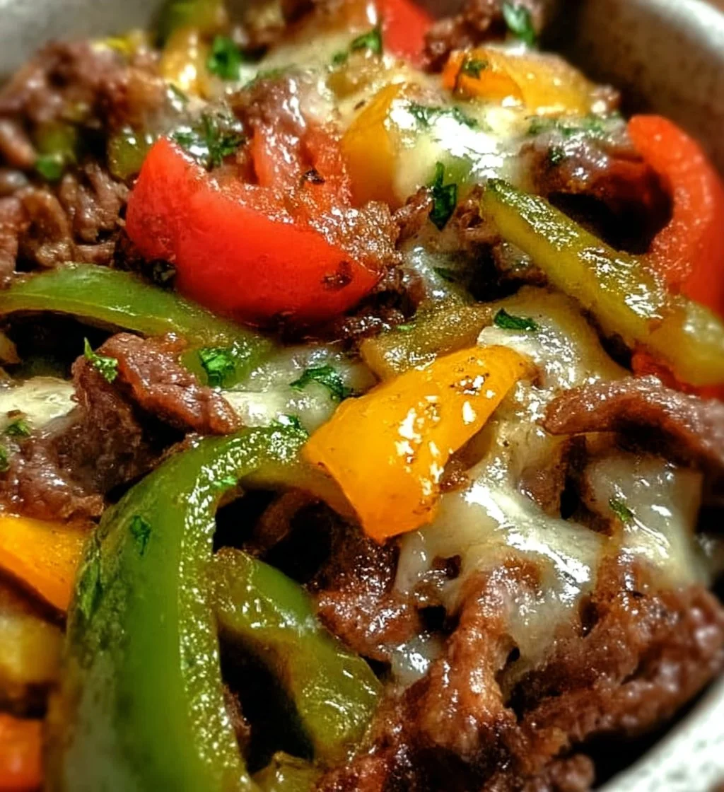 Philly cheesesteak bowls topped with steak, cheese, and peppers in a bowl