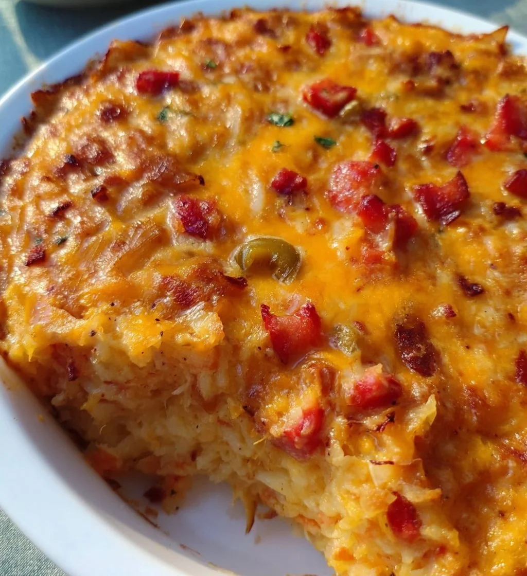 Pimento cheese hash brown casserole baked in a dish with a golden crust.