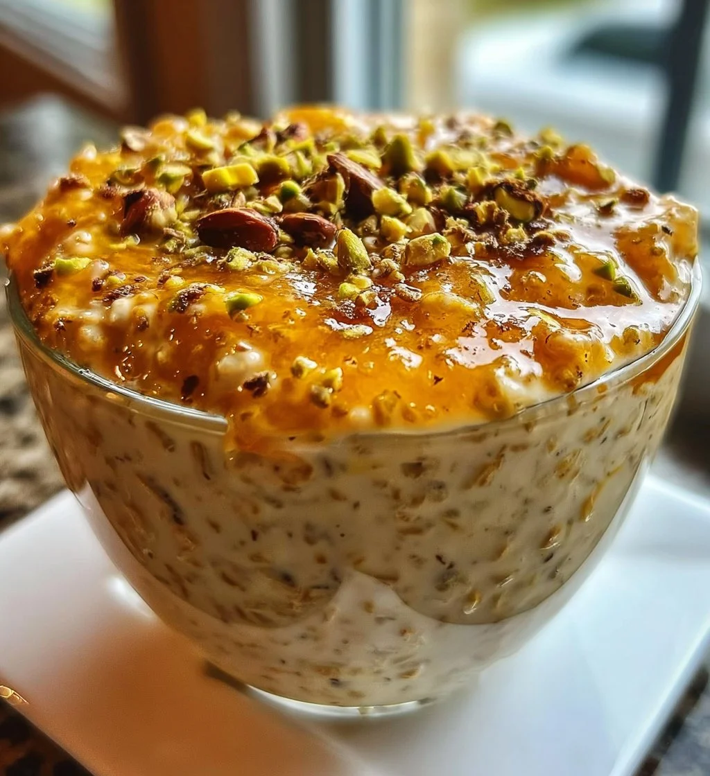 Bowl of pistachio orange blossom overnight oats topped with nuts and fruits