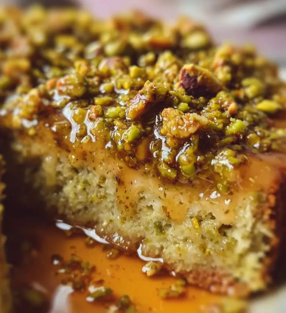 A delicious slice of Pistachio Sbrisolona on a rustic wooden table
