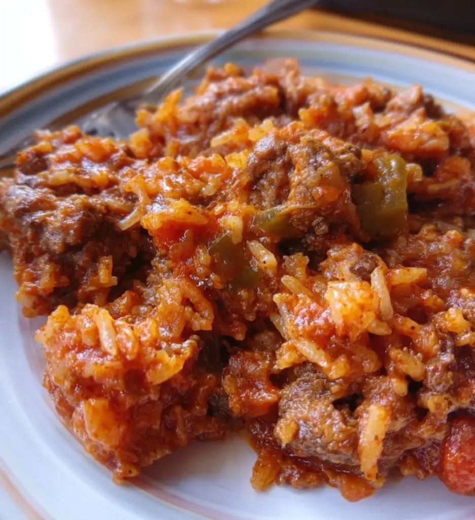 Delicious Porcupine Casserole with rice and ground meat, garnished for serving.