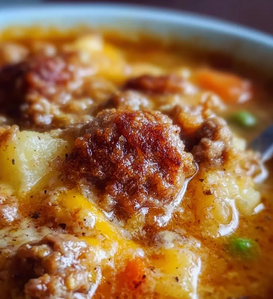 Protein packed shepherd's pie soup in a bowl with fresh herbs