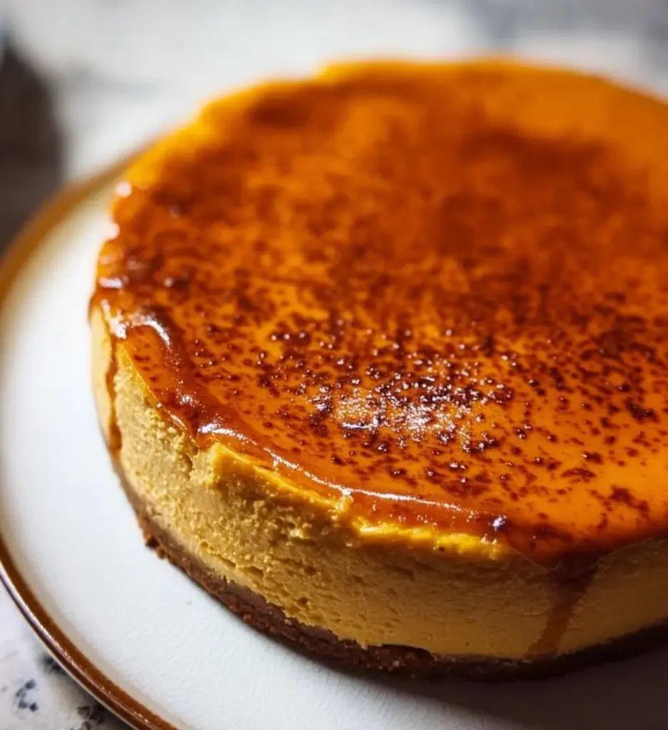 Slice of creamy Pumpkin Cottage Cheese Cheesecake topped with a sprinkle of cinnamon