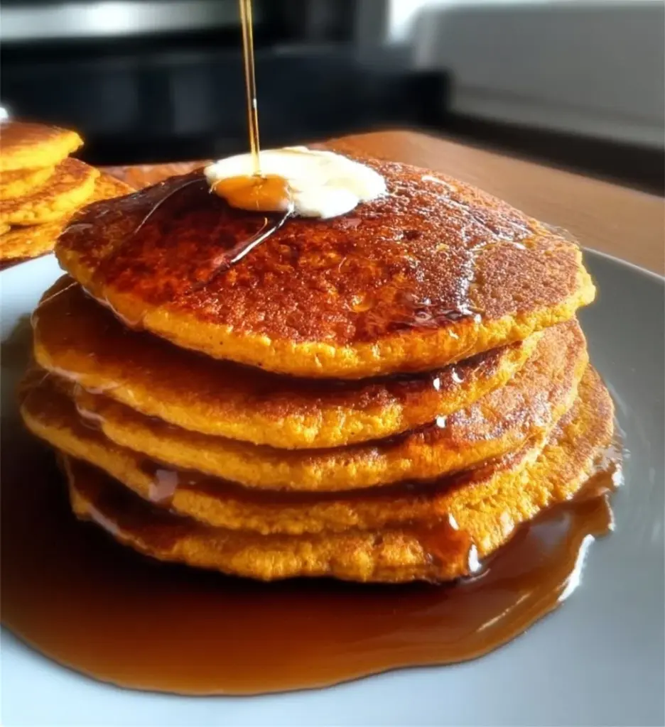 Fluffy pumpkin cottage cheese pancakes topped with syrup and pumpkin seeds