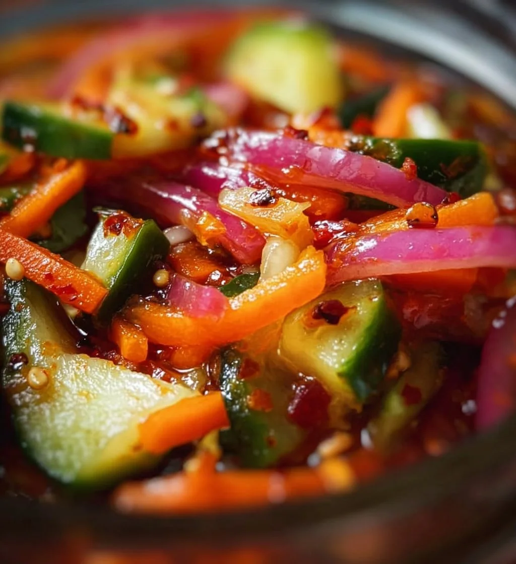 Bowl of quick fridge pickled vegetables, vibrant and colorful assortment.