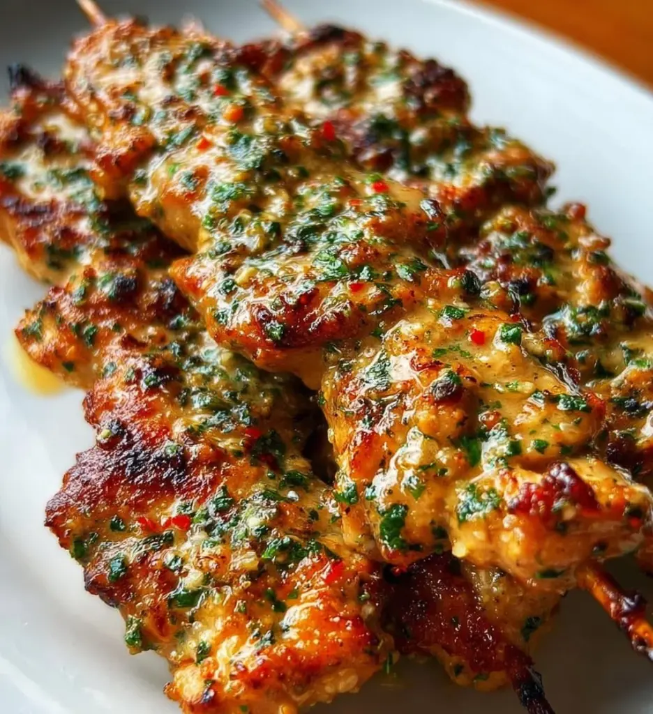 Garlic Parmesan Chicken Skewers with ranch seasoning on a skewer.