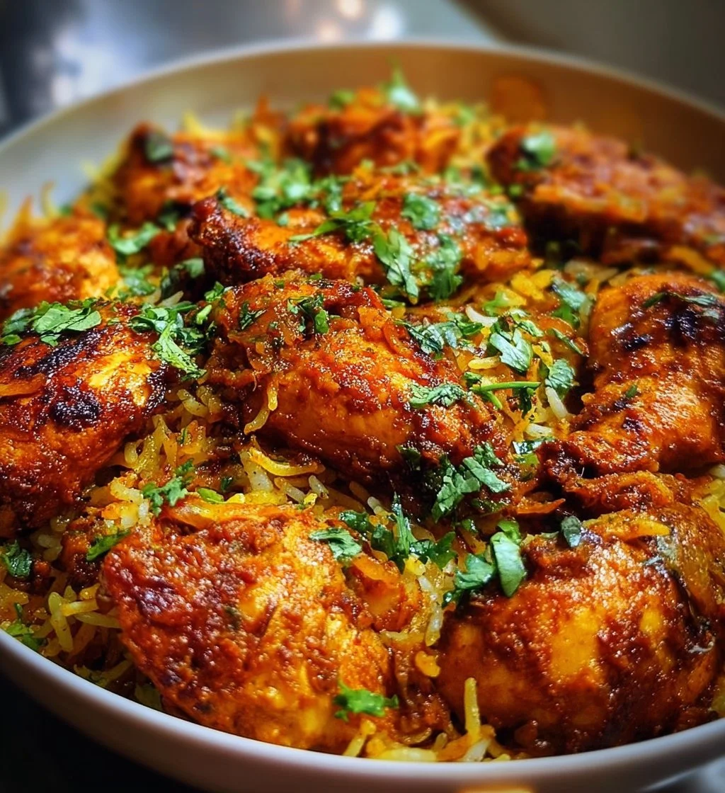 Delicious Butter Chicken Biryani served in a vibrant bowl with coriander garnish