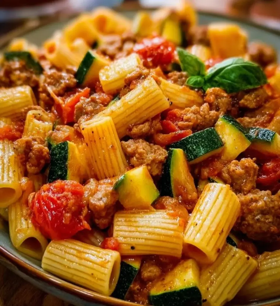 Plate of Rigatoni with Sausage, Tomatoes, and Zucchini garnished with fresh basil.