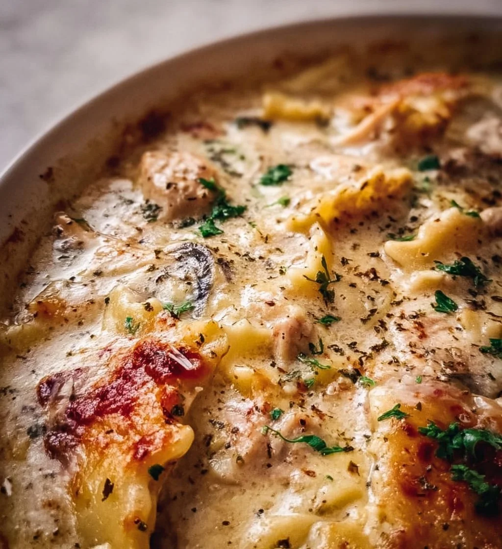 Bowl of Roasted Garlic White Chicken Lasagna Soup topped with melted cheese and herbs