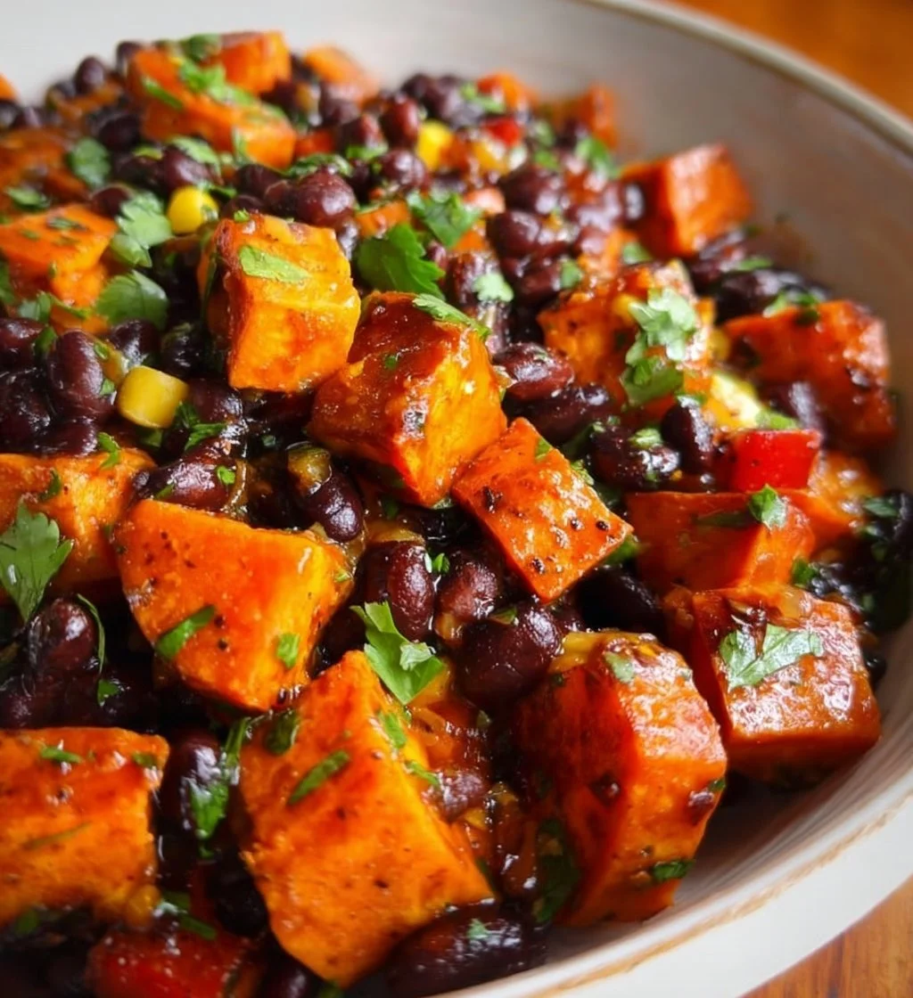 Healthy roasted sweet potato black bean salad in a bowl