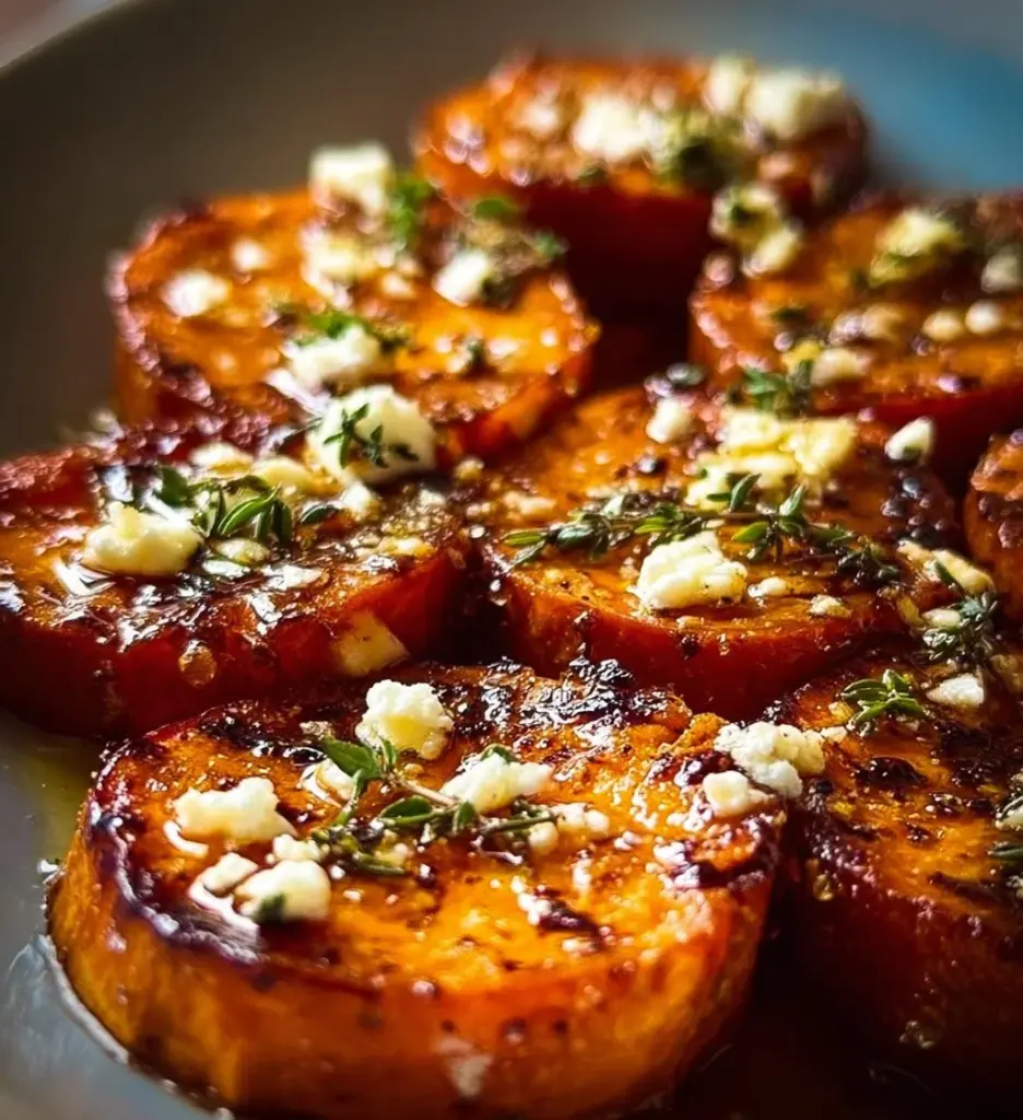 Roasted sweet potato rounds drizzled with honey and sprinkled with feta cheese