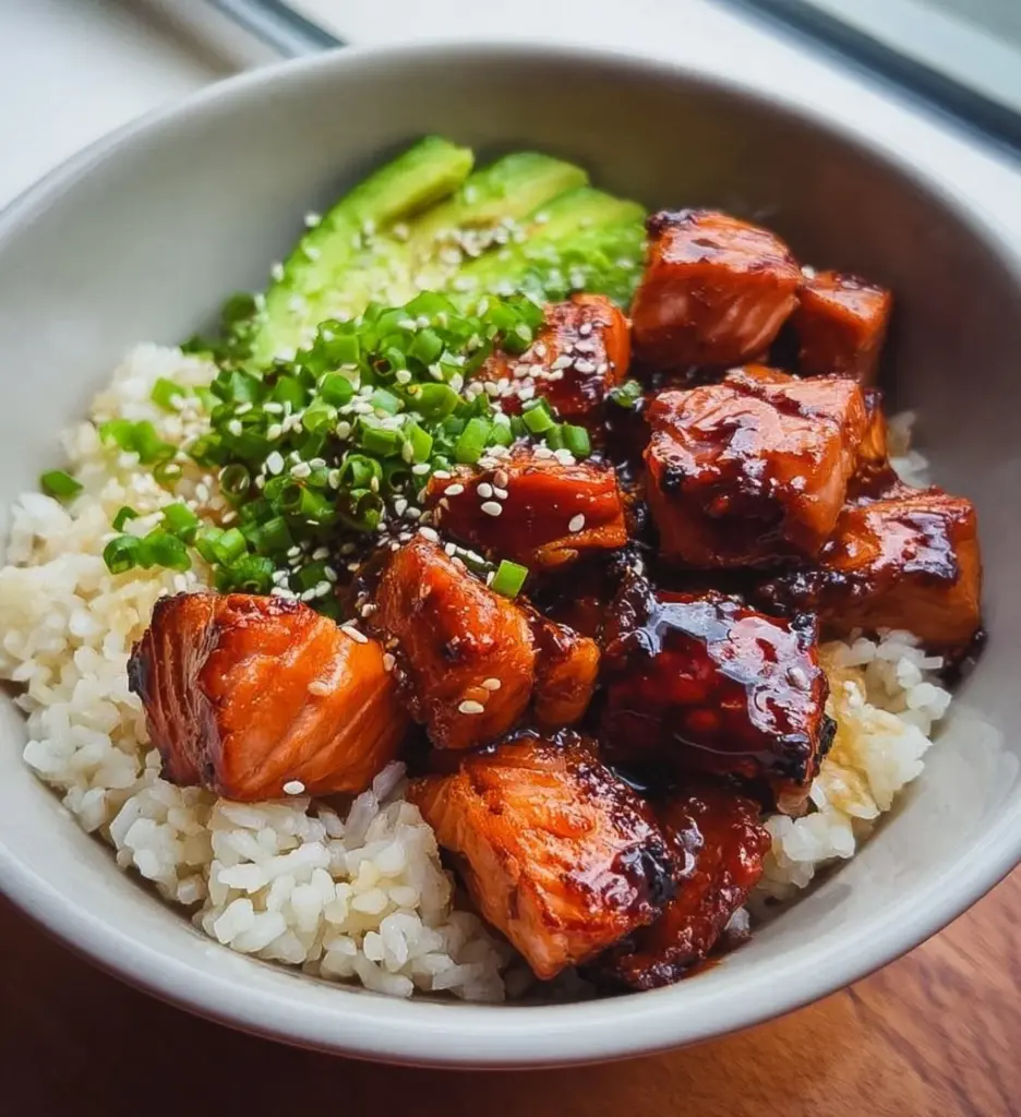 Delicious Salmon Teriyaki Bowl with grilled salmon, rice, and vegetables