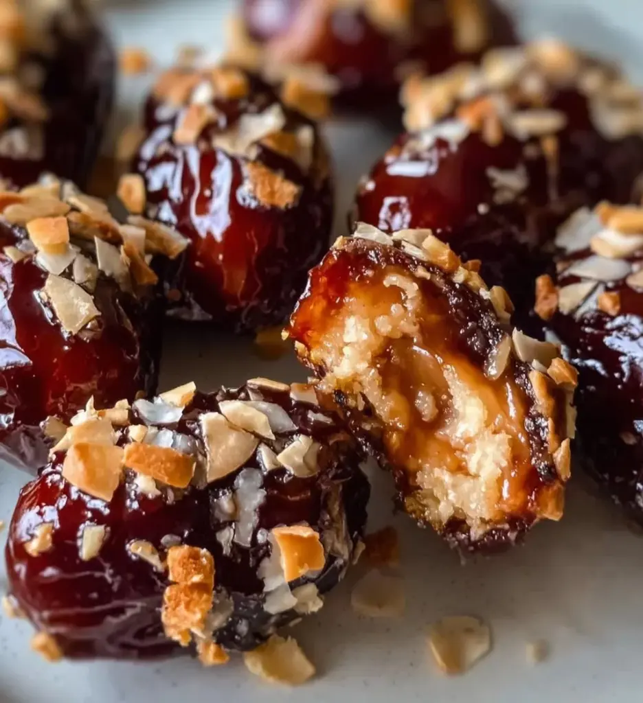 Samoa Cookie Stuffed Dates on a plate, featuring chocolate and coconut.