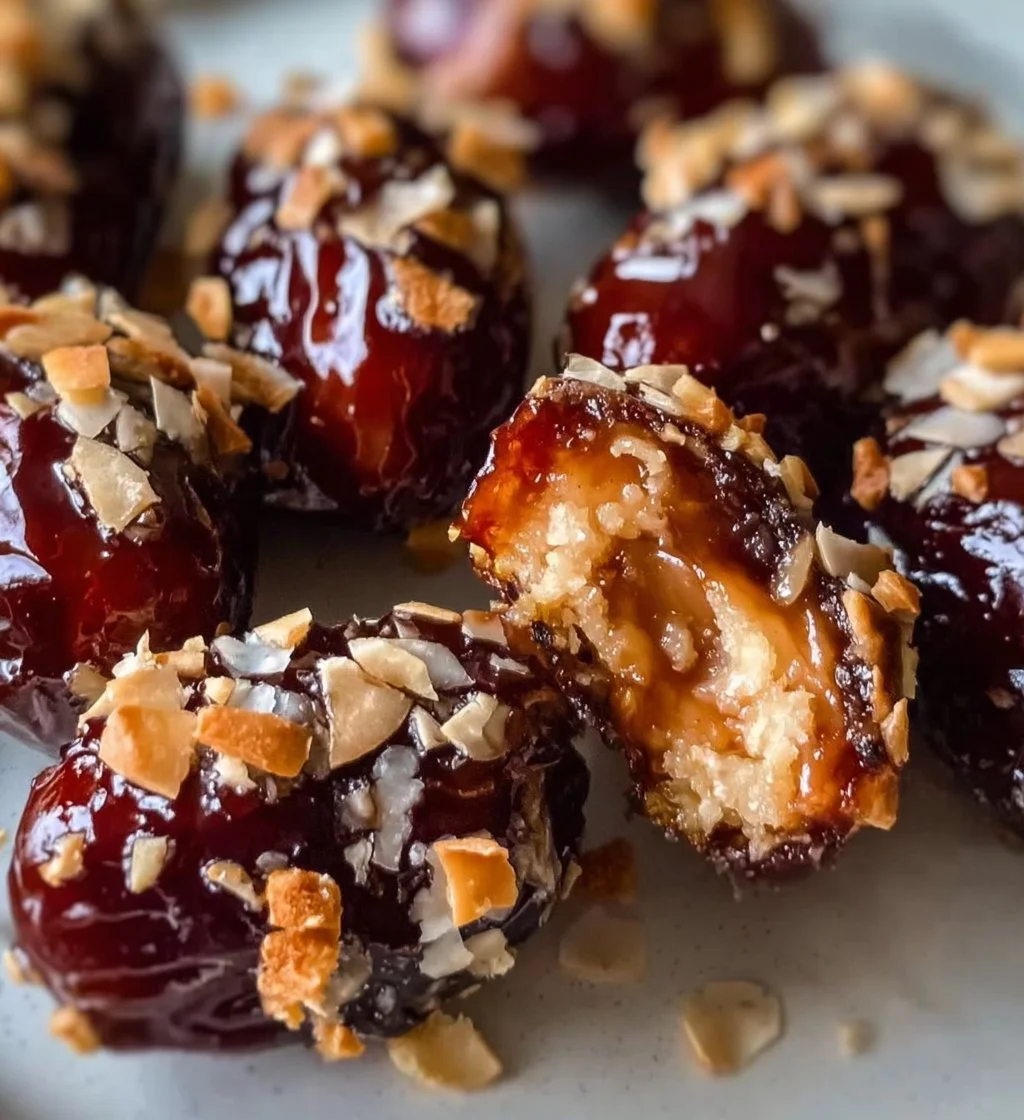 Samoa Cookie Stuffed Dates on a plate, featuring chocolate and coconut.