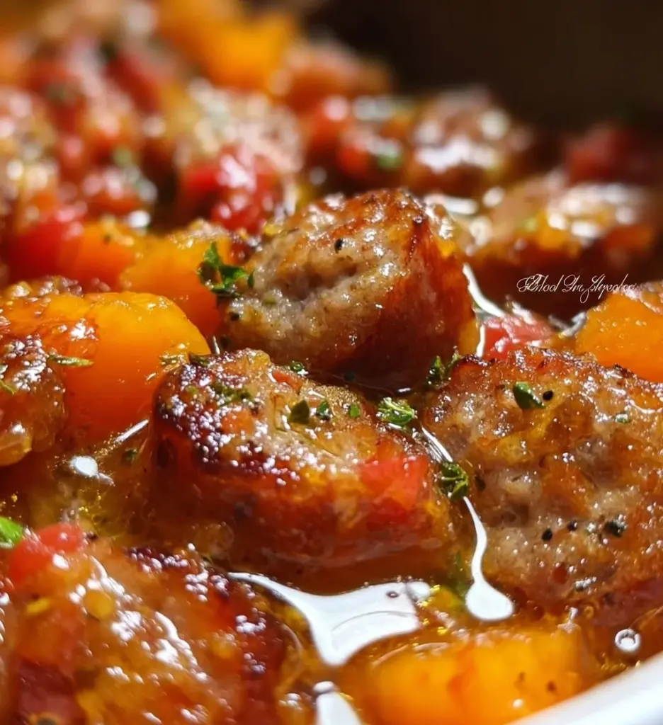 A bowl of Sausage and Sweet Potato Soup garnished with herbs.